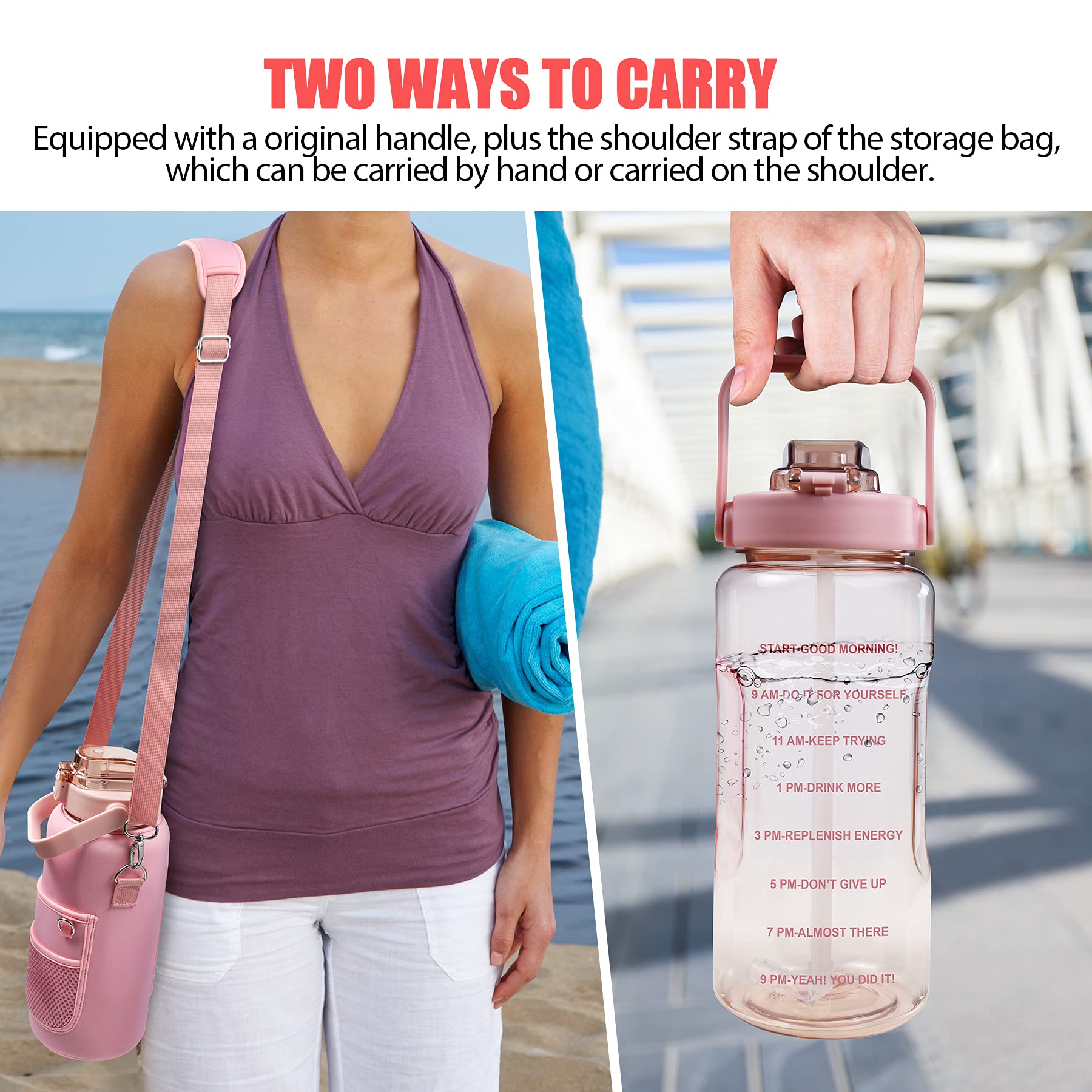 Half Gallon Water Bottle with Sleeve – 64 oz Motivational Bottle with Straw & Time Marker