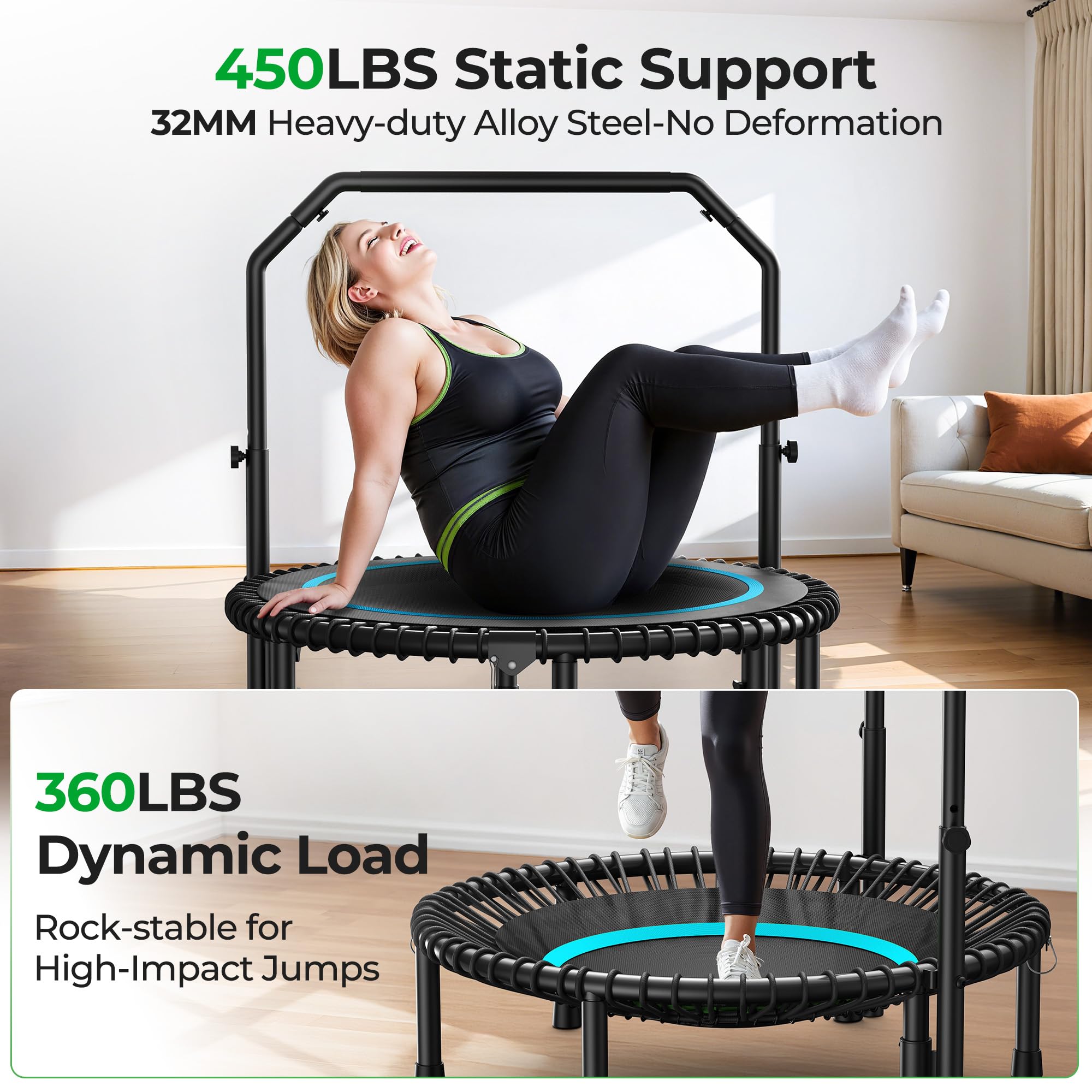 Mini Rebounder Trampoline for Adults – Fitness Trampoline with Adjustable Handle Bar