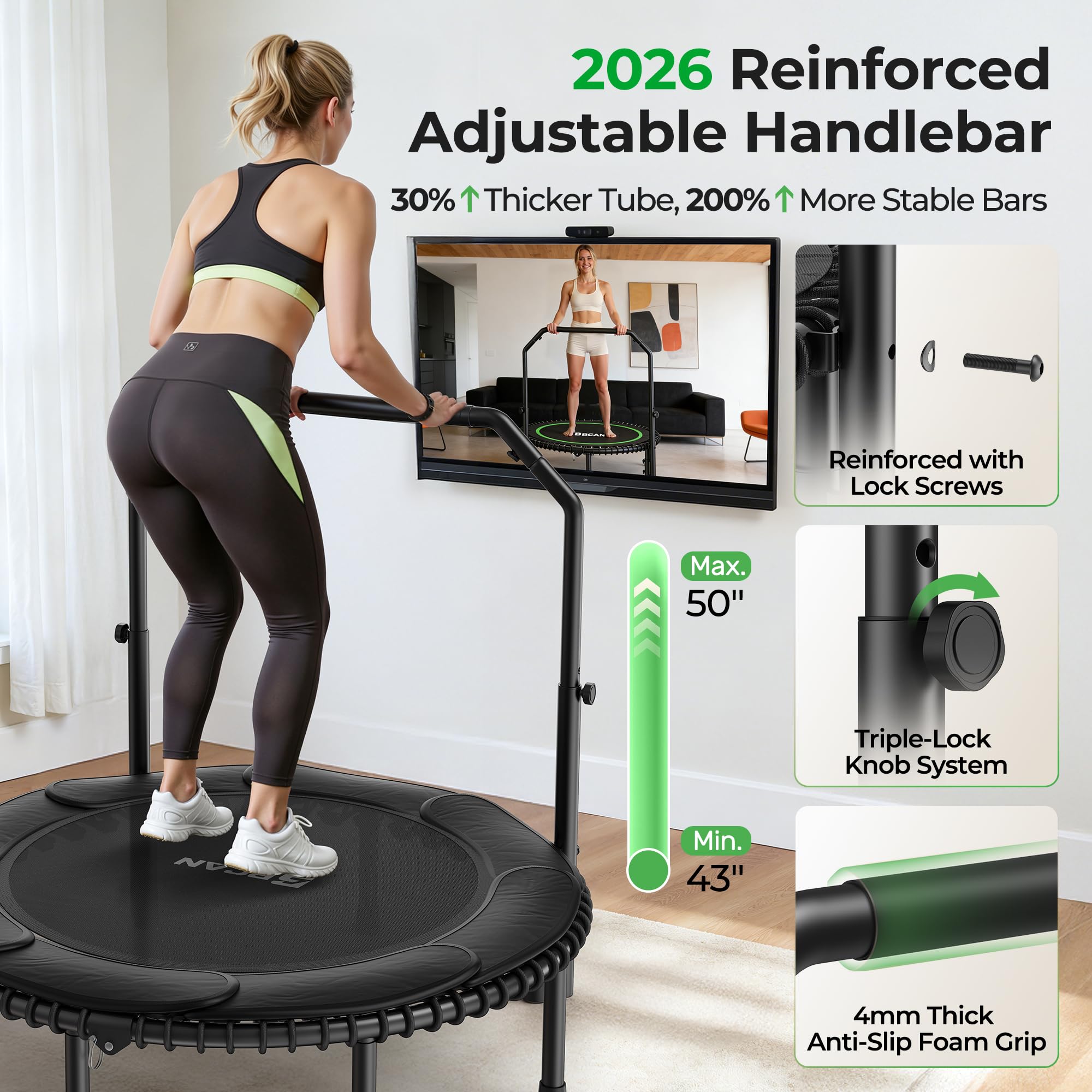 Mini Rebounder Trampoline for Adults – Fitness Trampoline with Adjustable Handle Bar
