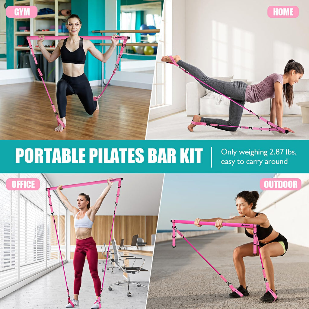 Pilates Bar Kit with Resistance Bands – Adjustable 3-Section Home Workout Set