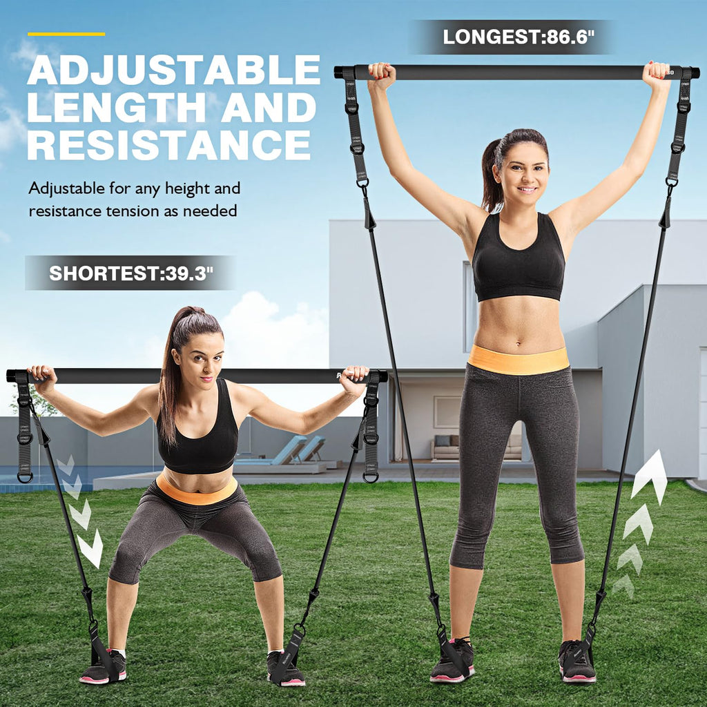 Pilates Bar Kit with Resistance Bands – Adjustable 3-Section Home Workout Set
