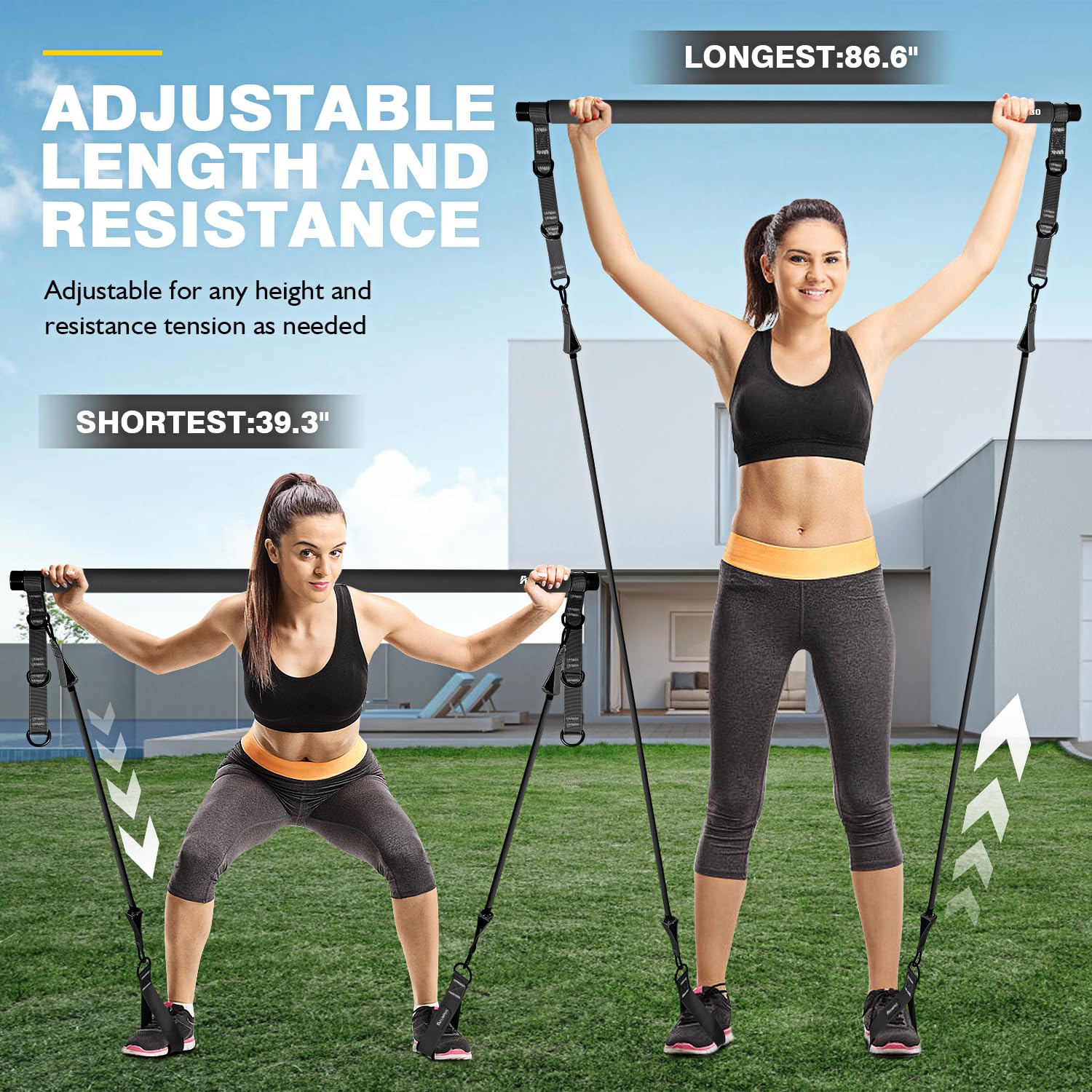 Pilates Bar Kit with Resistance Bands – Adjustable 3-Section Home Workout Set