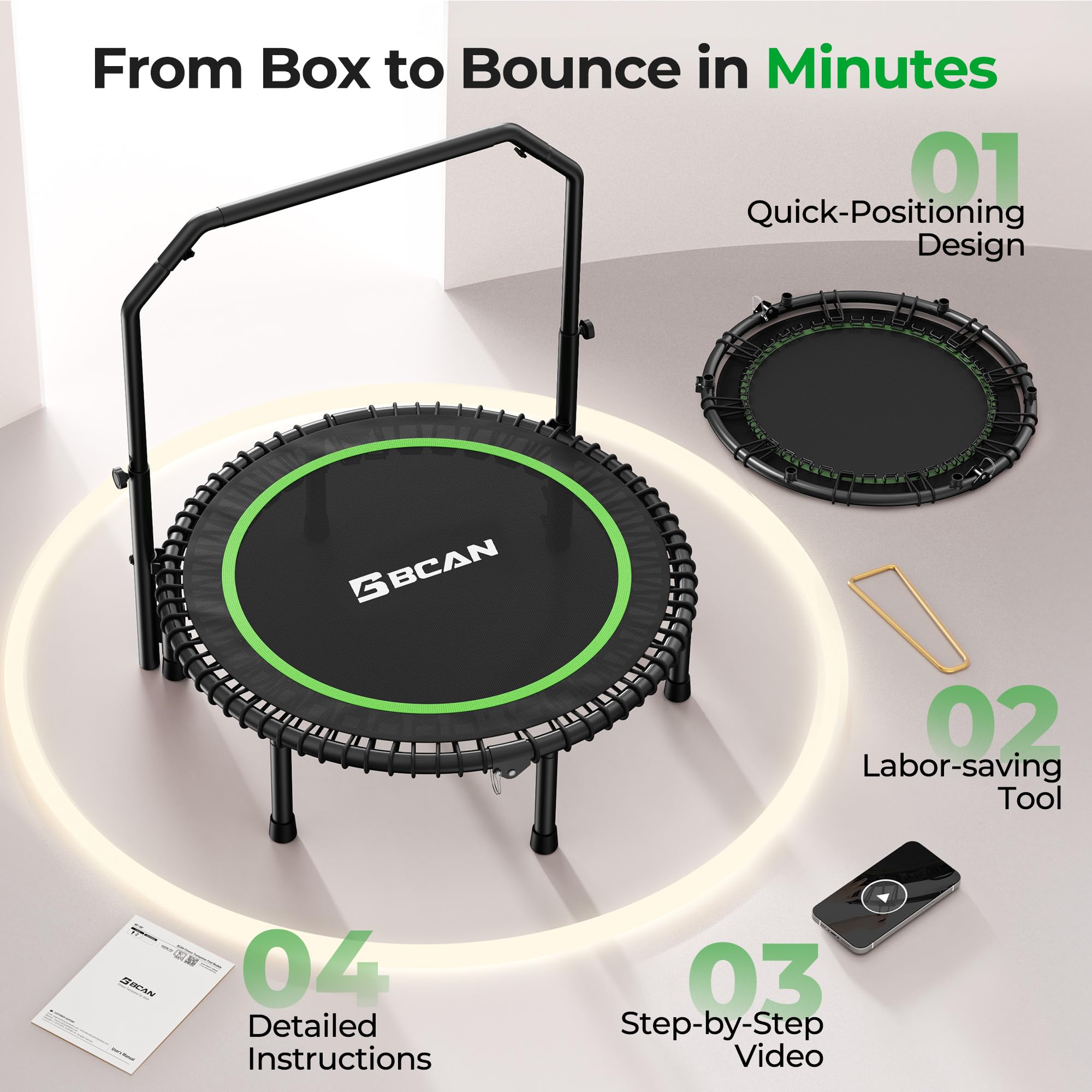 Mini Rebounder Trampoline for Adults – Fitness Trampoline with Adjustable Handle Bar