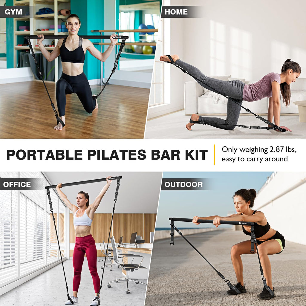 Pilates Bar Kit with Resistance Bands – Adjustable 3-Section Home Workout Set
