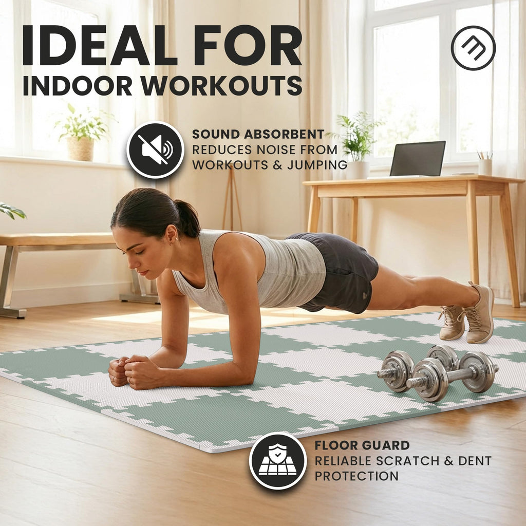 Gym Floor Mats Set – 18 EVA Interlocking Foam Tiles, 18 sq ft Protective Flooring