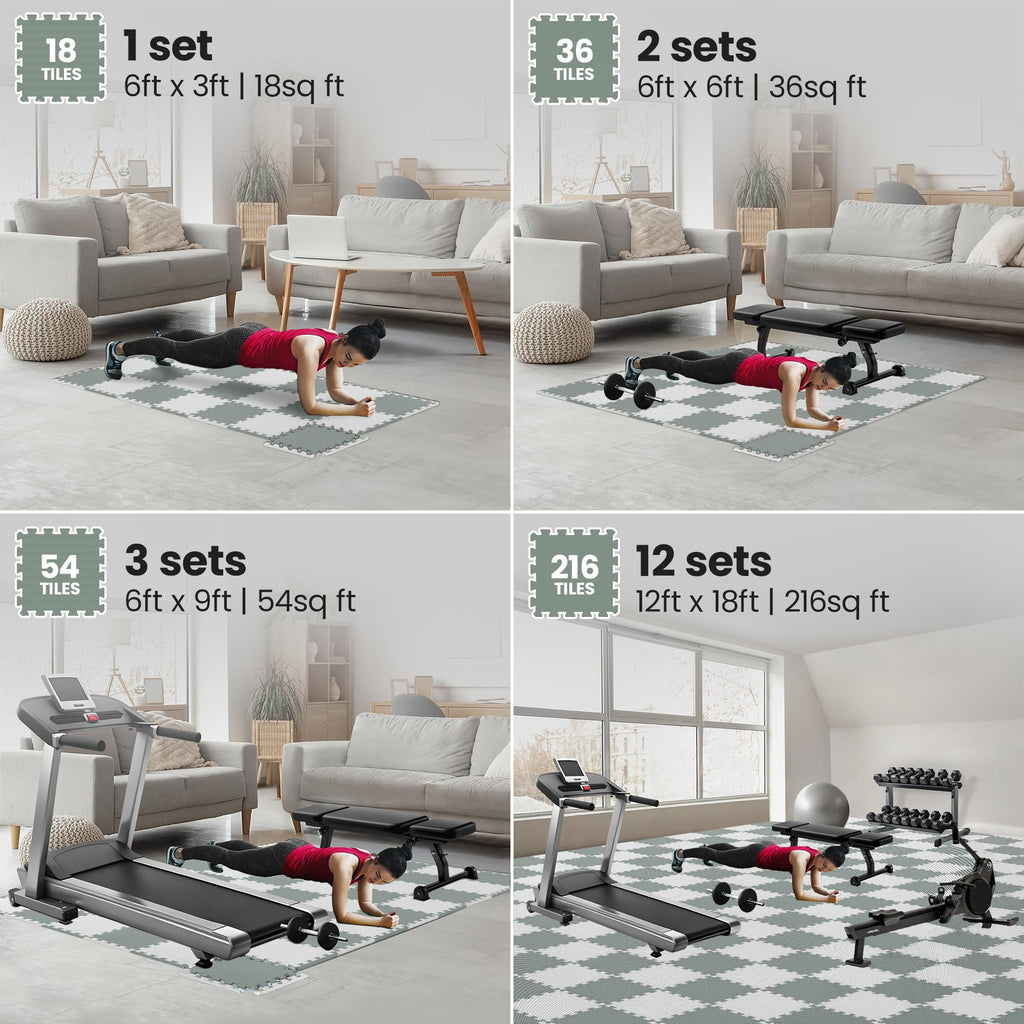 Gym Floor Mats Set – 18 EVA Interlocking Foam Tiles, 18 sq ft Protective Flooring