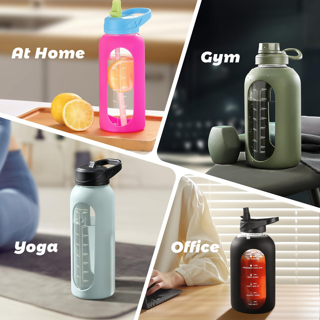 40 oz Glass Water Bottle with Straw & Time Marker – Motivational Bottle with Sleeve