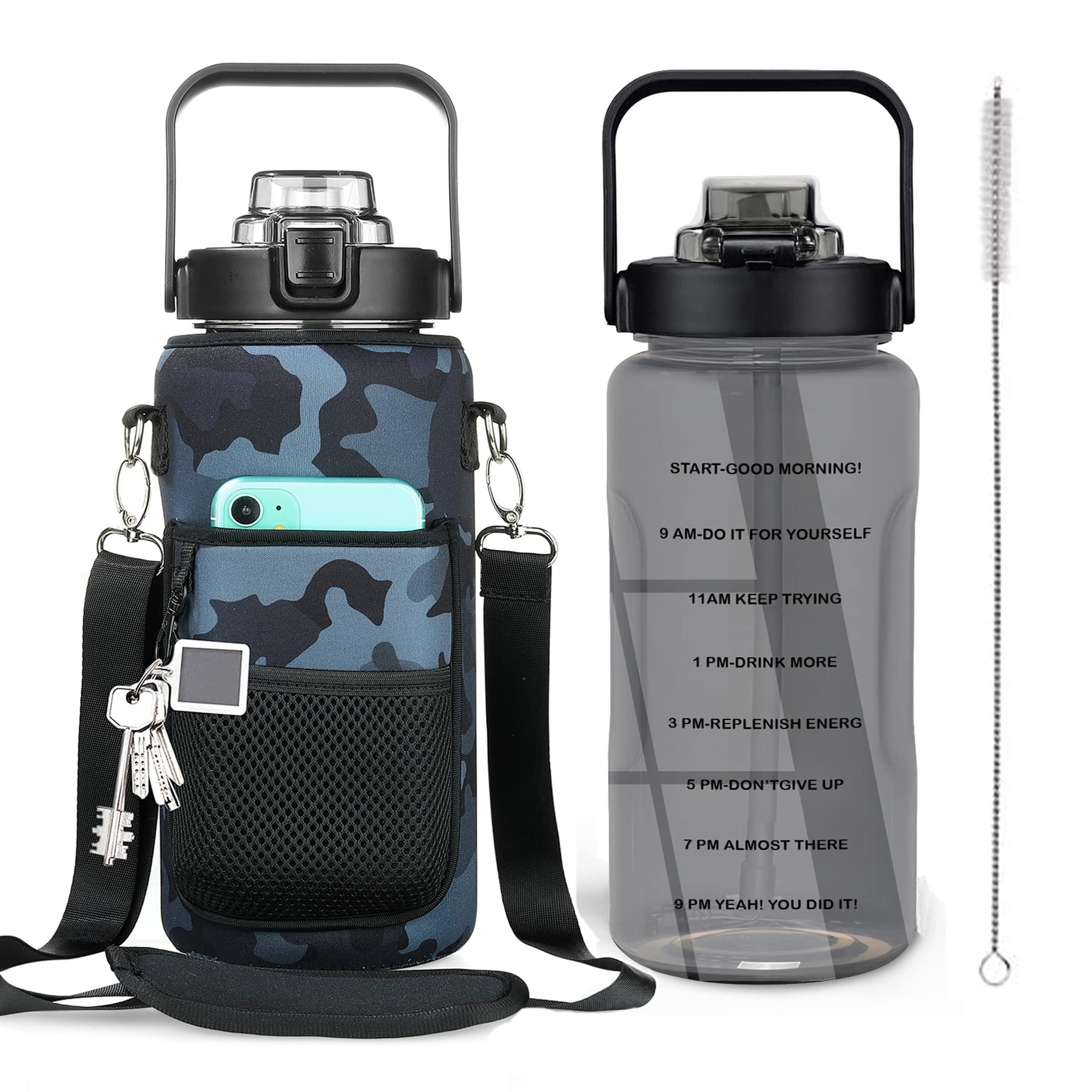 Half Gallon Water Bottle with Sleeve – 64 oz Motivational Bottle with Straw & Time Marker