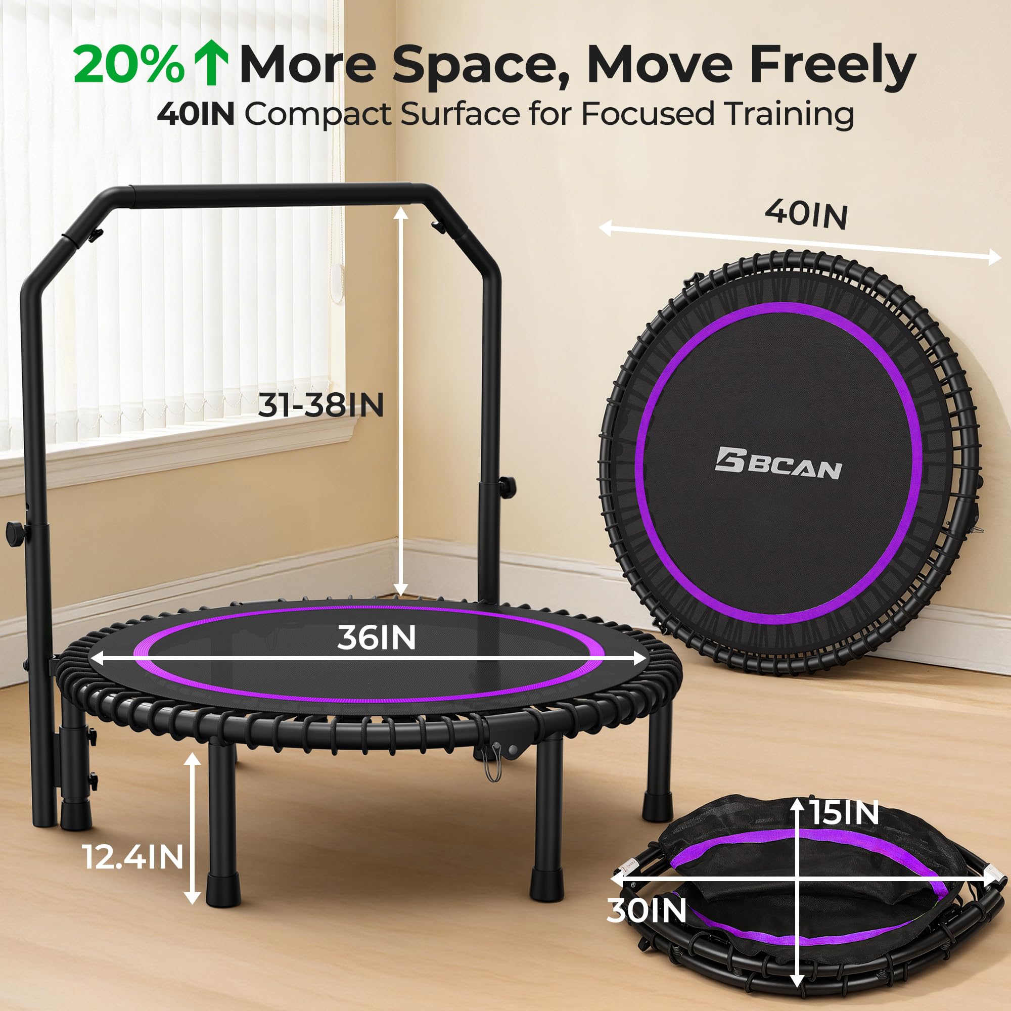 Mini Rebounder Trampoline for Adults – Fitness Trampoline with Adjustable Handle Bar