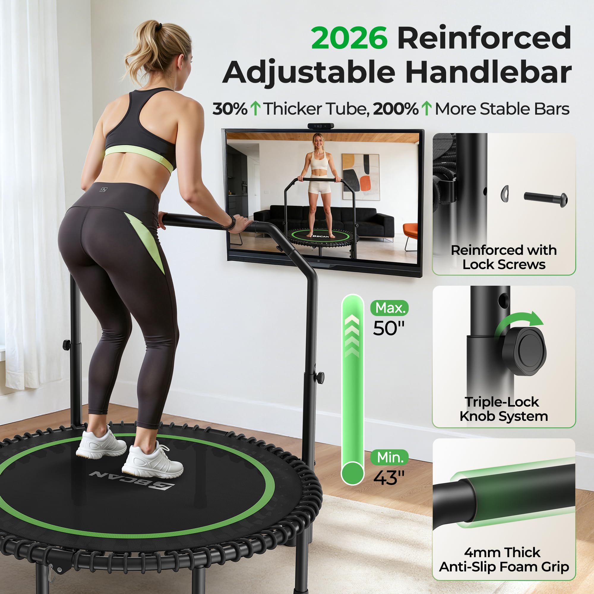 Mini Rebounder Trampoline for Adults – Fitness Trampoline with Adjustable Handle Bar