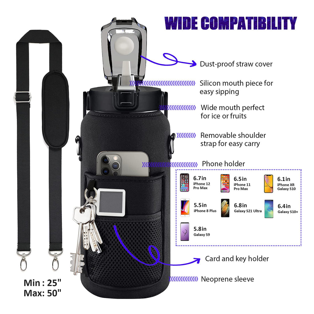 Half Gallon Water Bottle with Sleeve – 64 oz Motivational Bottle with Straw & Time Marker