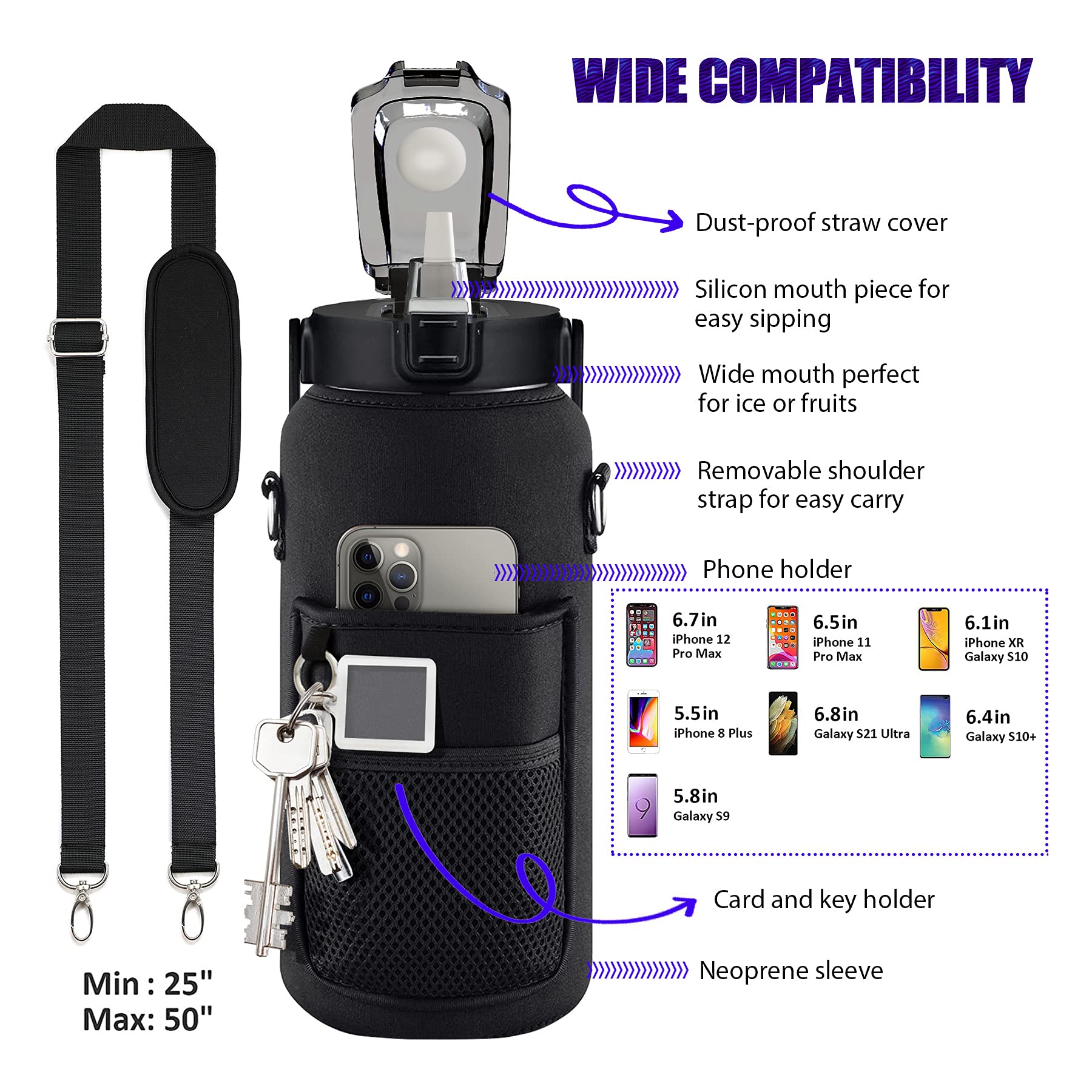 Half Gallon Water Bottle with Sleeve – 64 oz Motivational Bottle with Straw & Time Marker