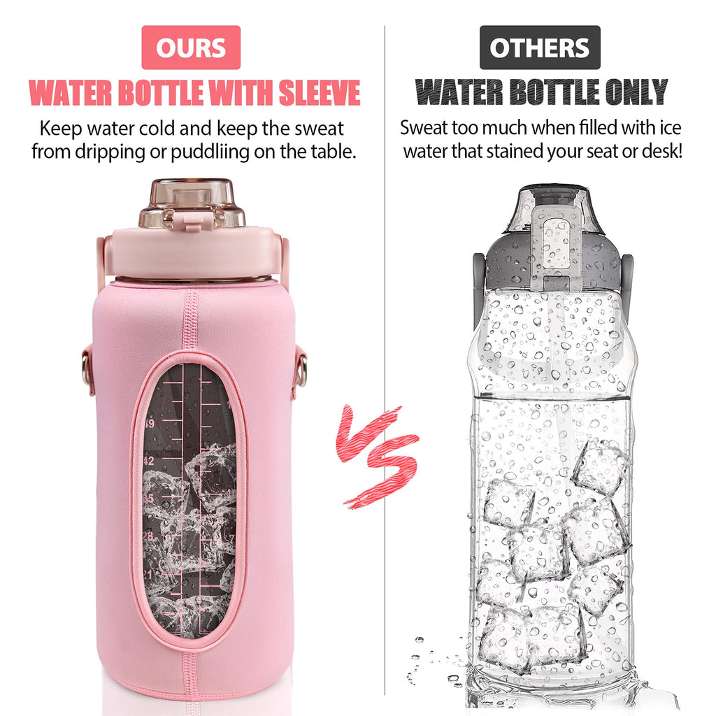 Half Gallon Water Bottle with Sleeve – 64 oz Motivational Bottle with Straw & Time Marker