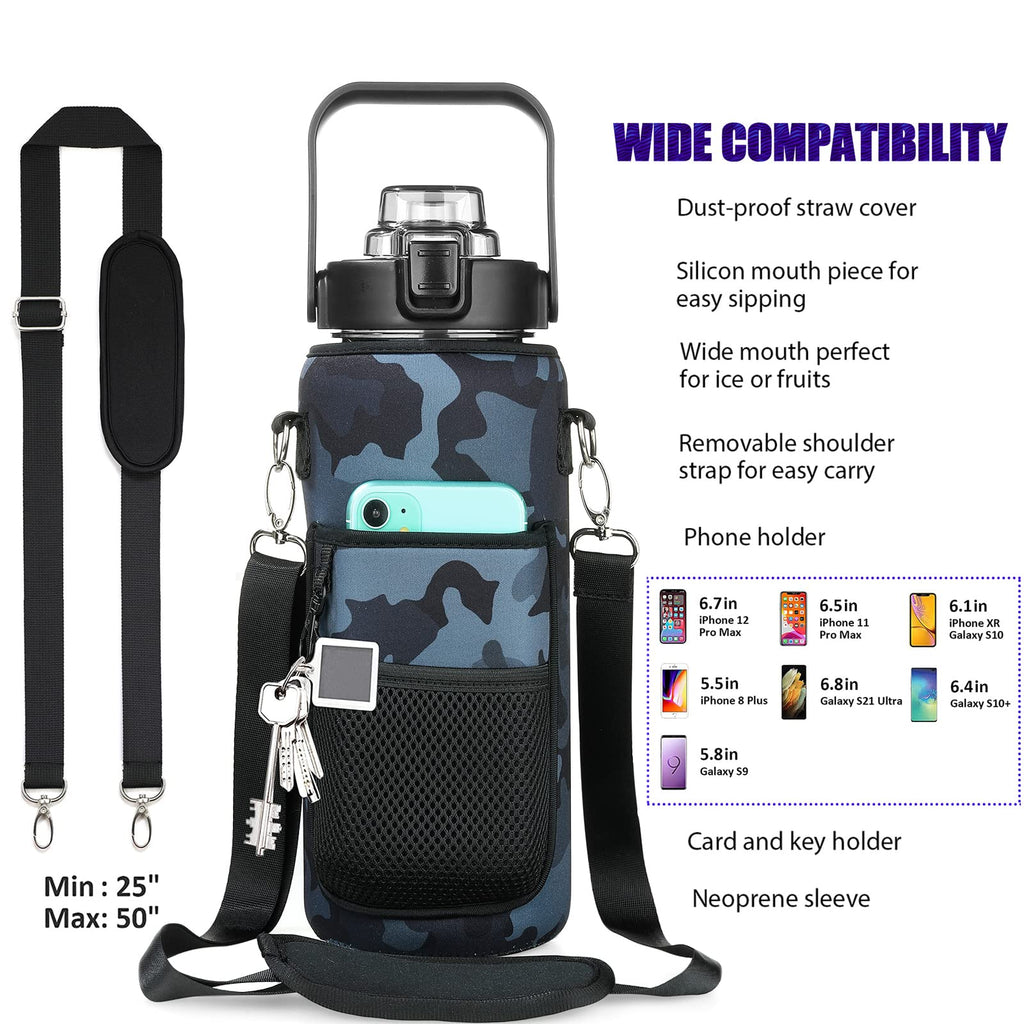 Half Gallon Water Bottle with Sleeve – 64 oz Motivational Bottle with Straw & Time Marker