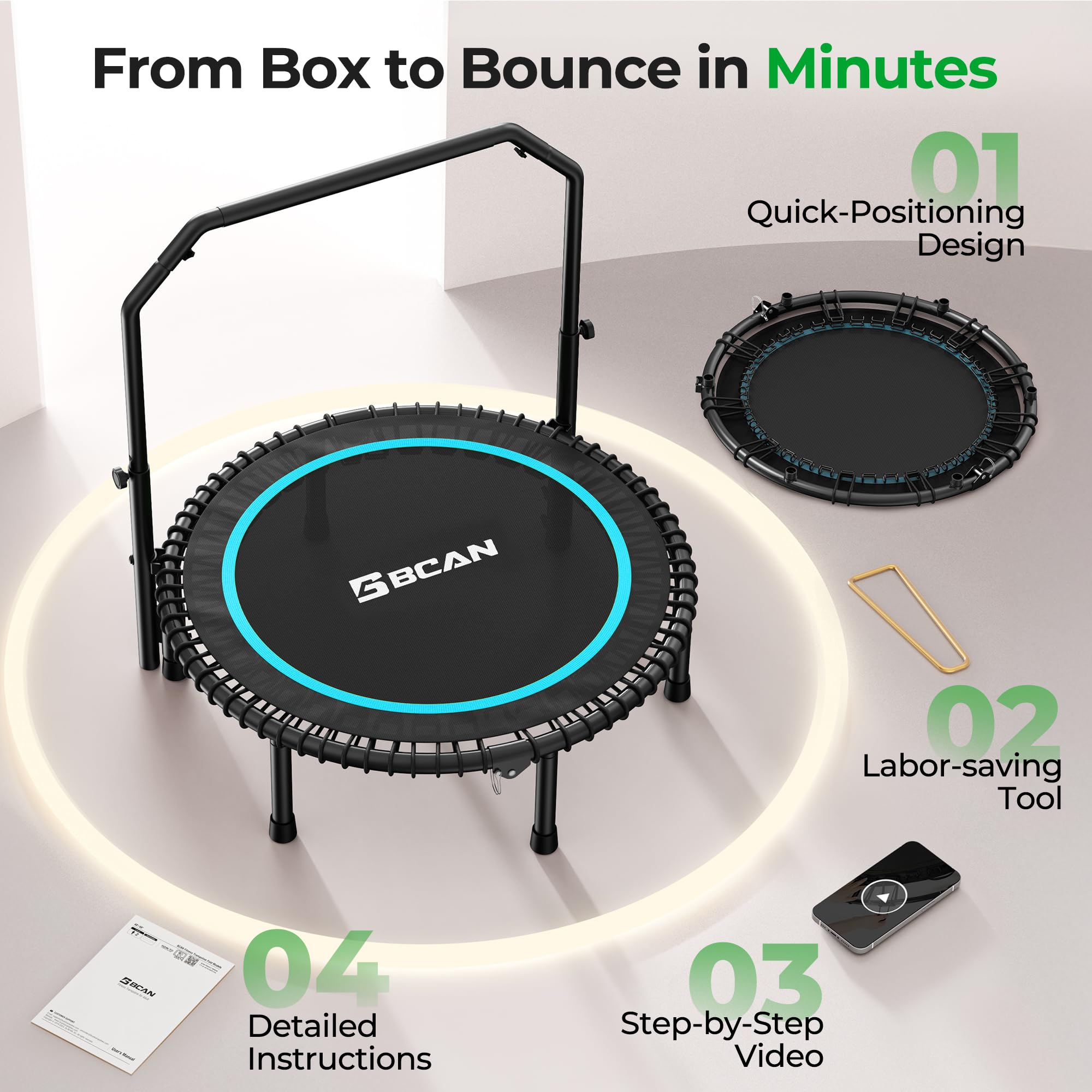 Mini Rebounder Trampoline for Adults – Fitness Trampoline with Adjustable Handle Bar