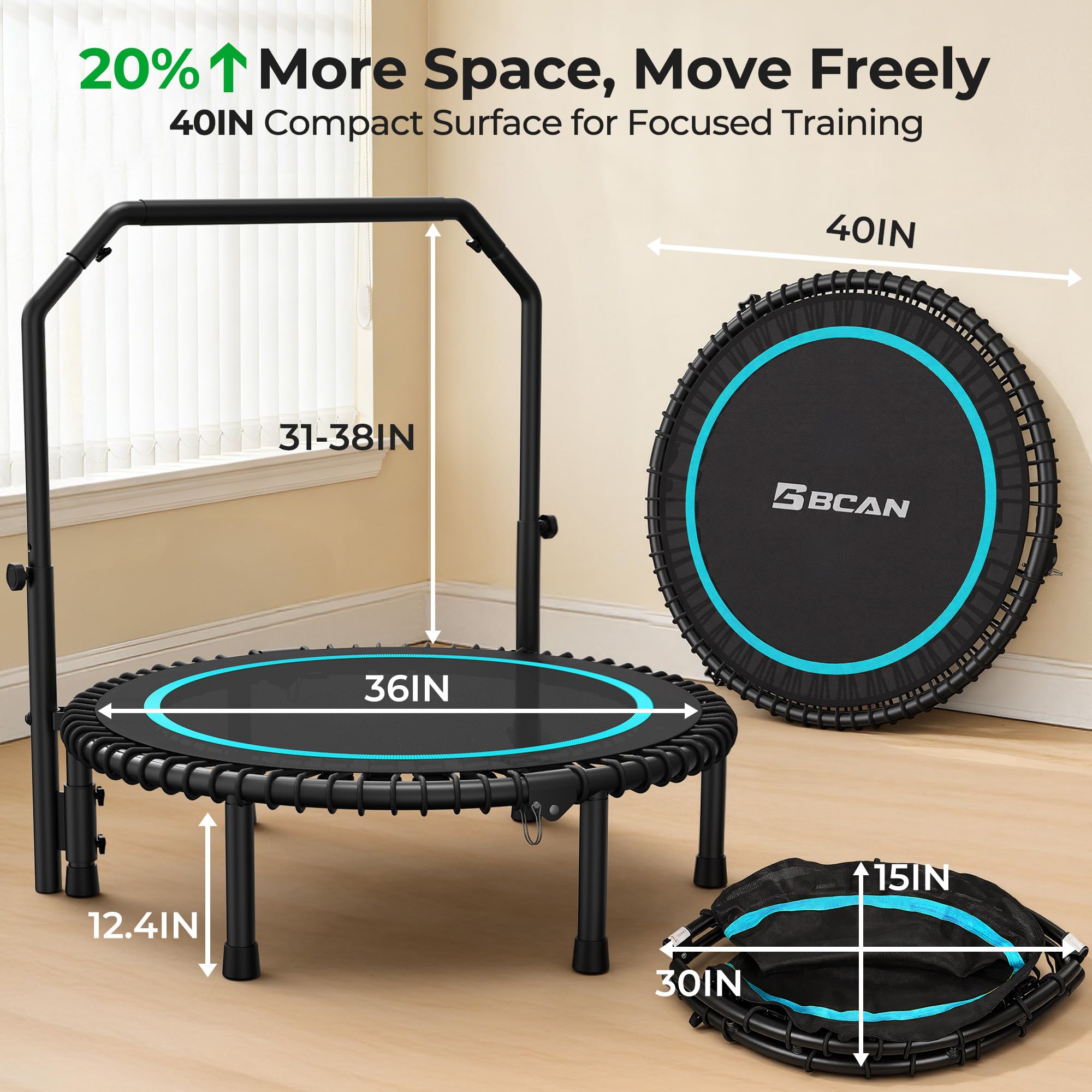 Mini Rebounder Trampoline for Adults – Fitness Trampoline with Adjustable Handle Bar