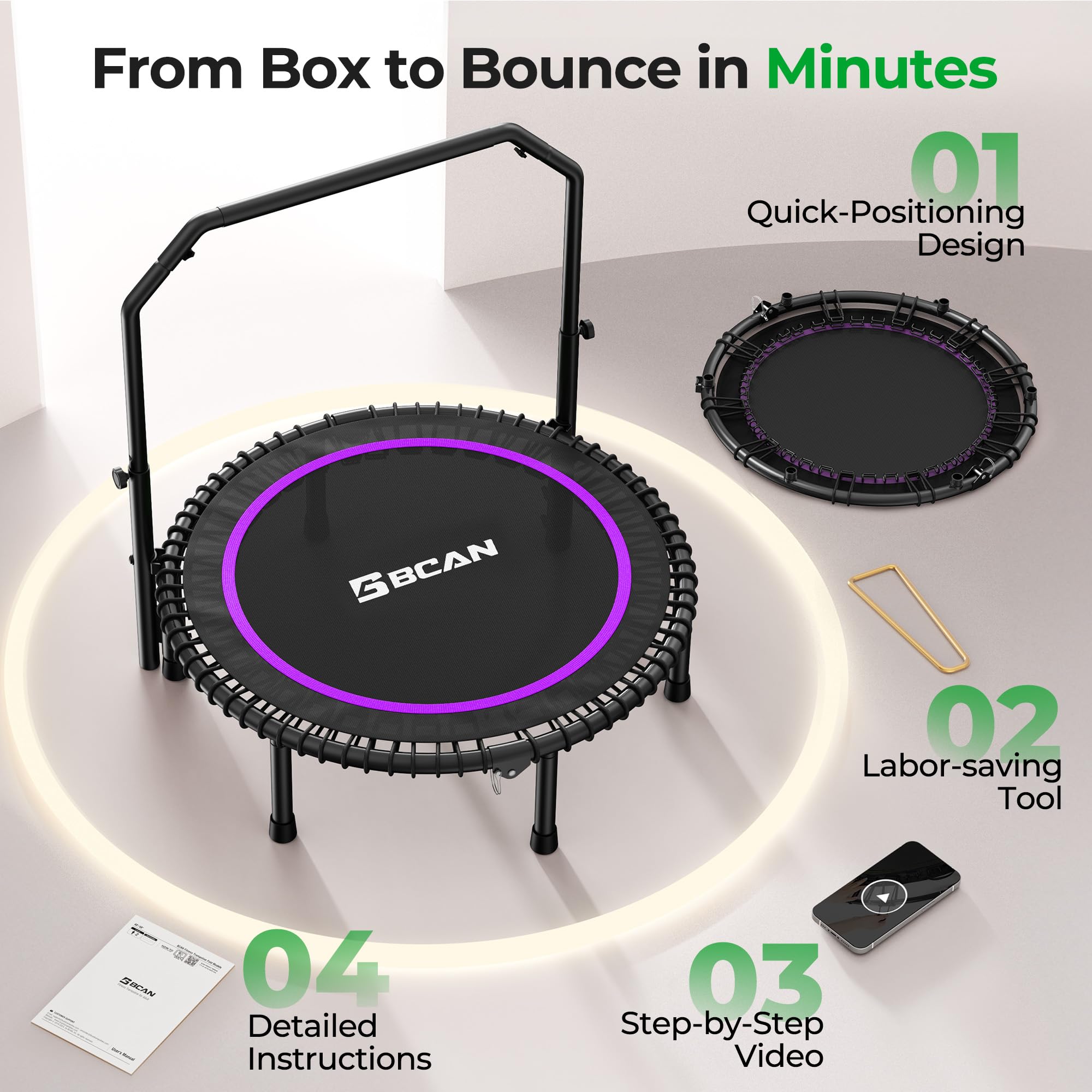 Mini Rebounder Trampoline for Adults – Fitness Trampoline with Adjustable Handle Bar