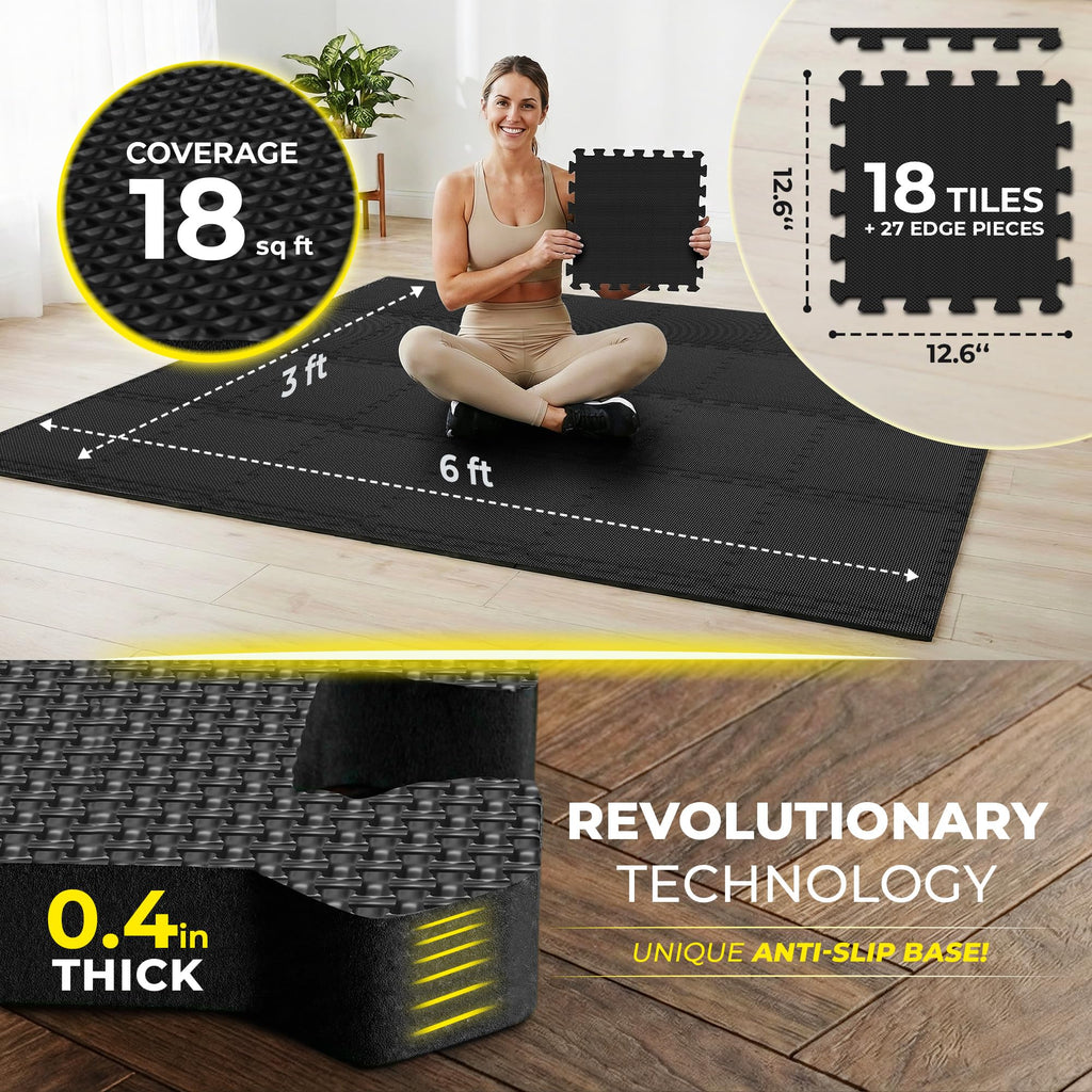 Gym Floor Mats Set – 18 EVA Interlocking Foam Tiles, 18 sq ft Protective Flooring