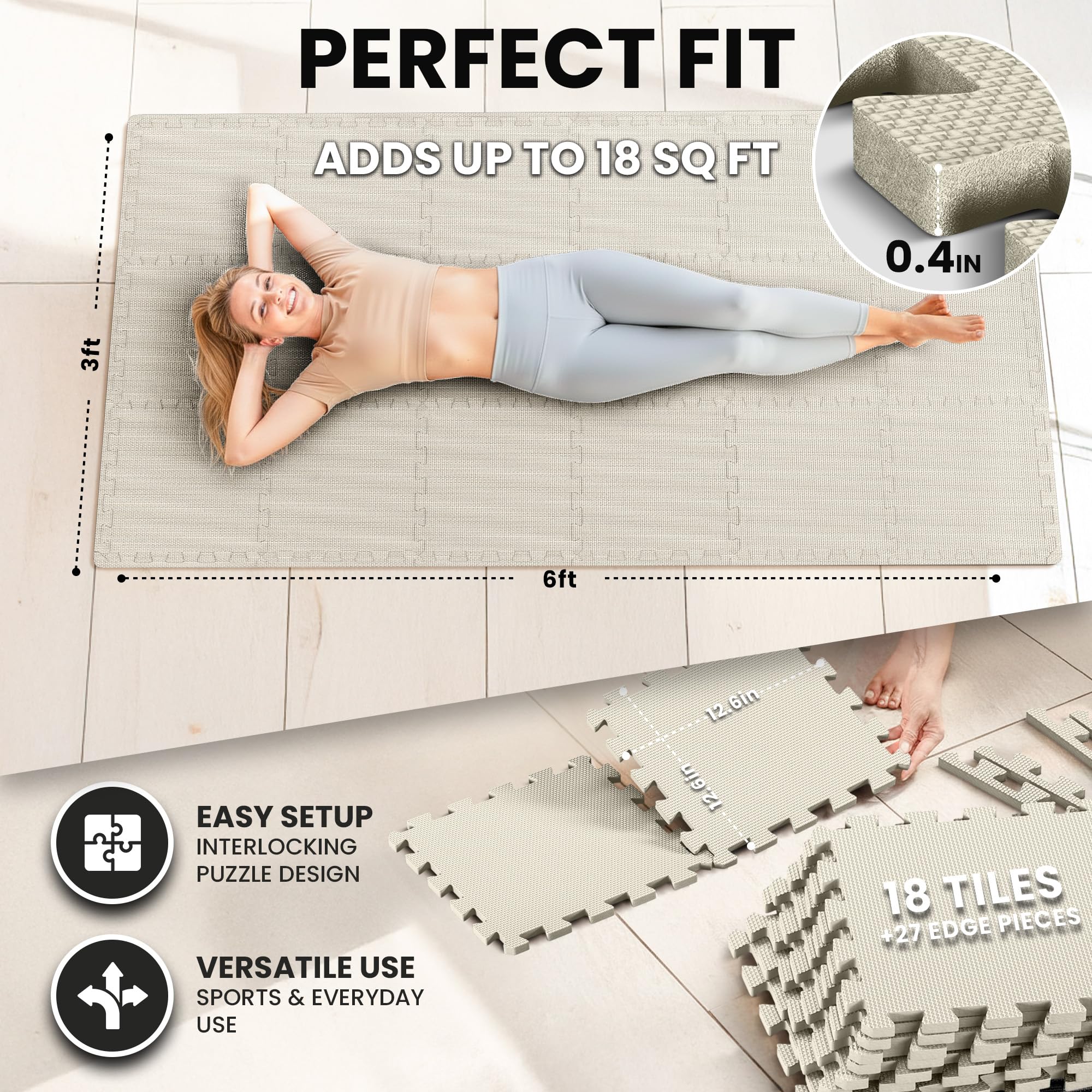 Gym Floor Mats Set – 18 EVA Interlocking Foam Tiles, 18 sq ft Protective Flooring