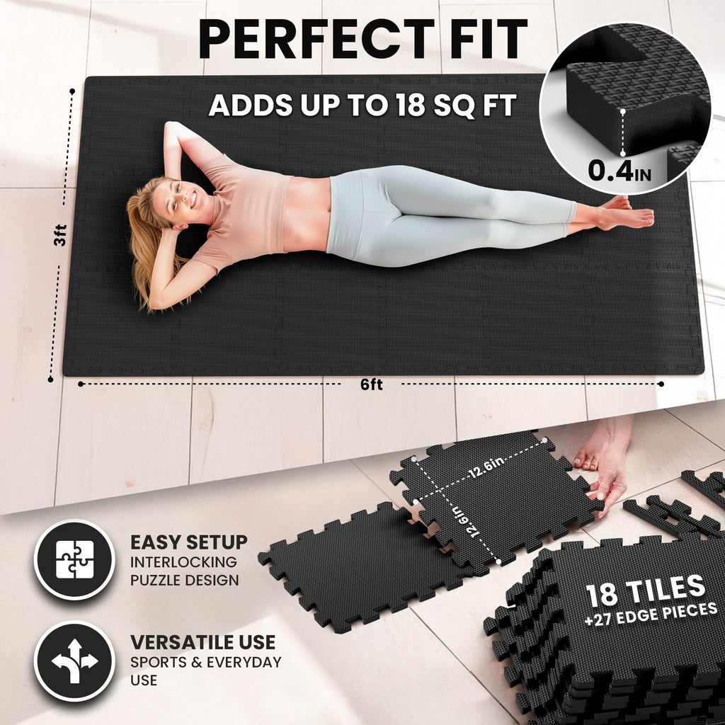 Gym Floor Mats Set – 18 EVA Interlocking Foam Tiles, 18 sq ft Protective Flooring