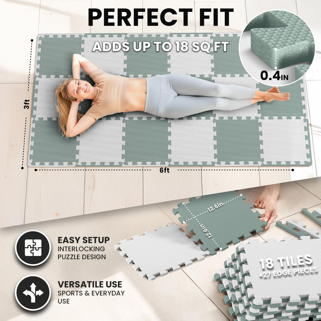 Gym Floor Mats Set – 18 EVA Interlocking Foam Tiles, 18 sq ft Protective Flooring
