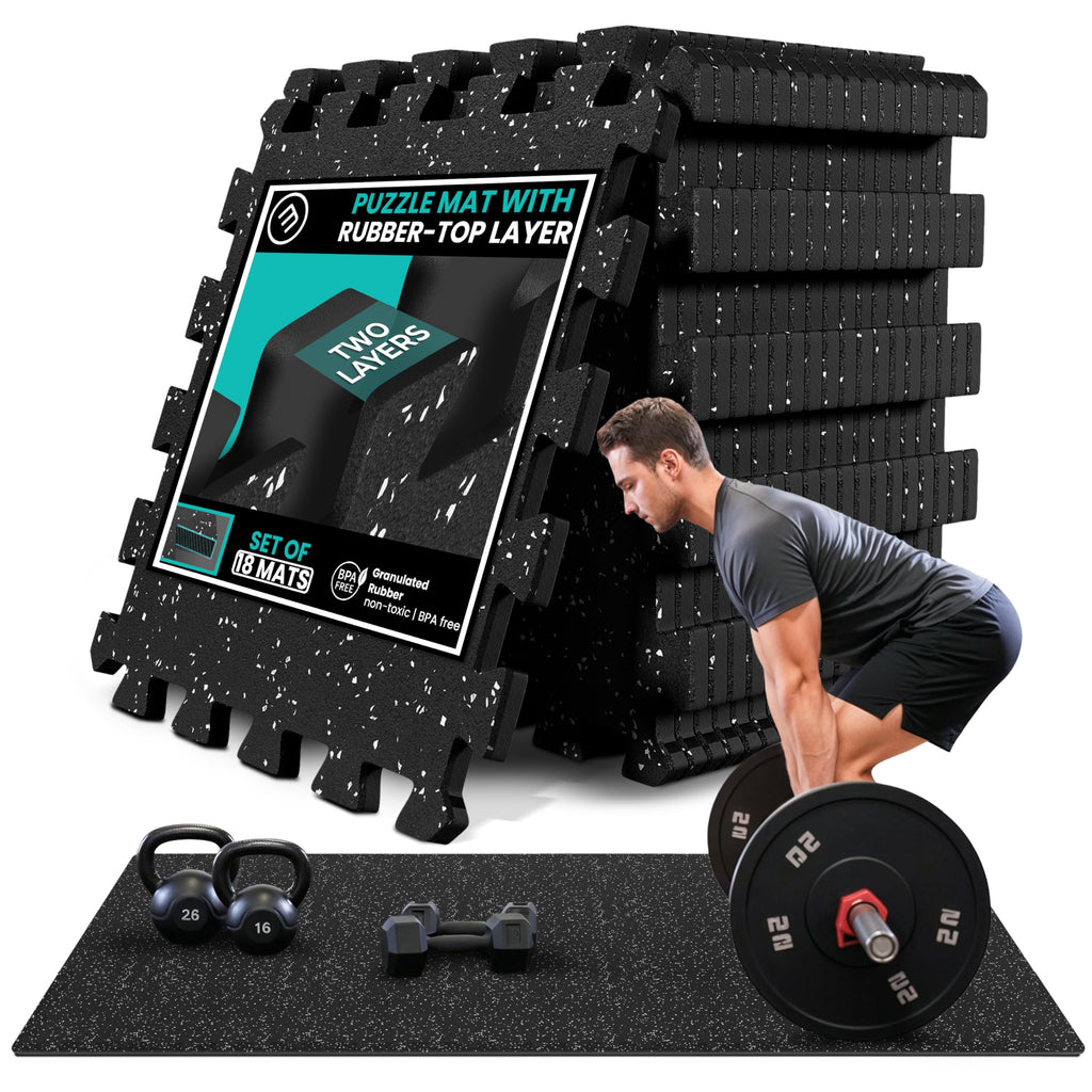 Gym Floor Mats Set – 18 EVA Interlocking Foam Tiles, 18 sq ft Protective Flooring