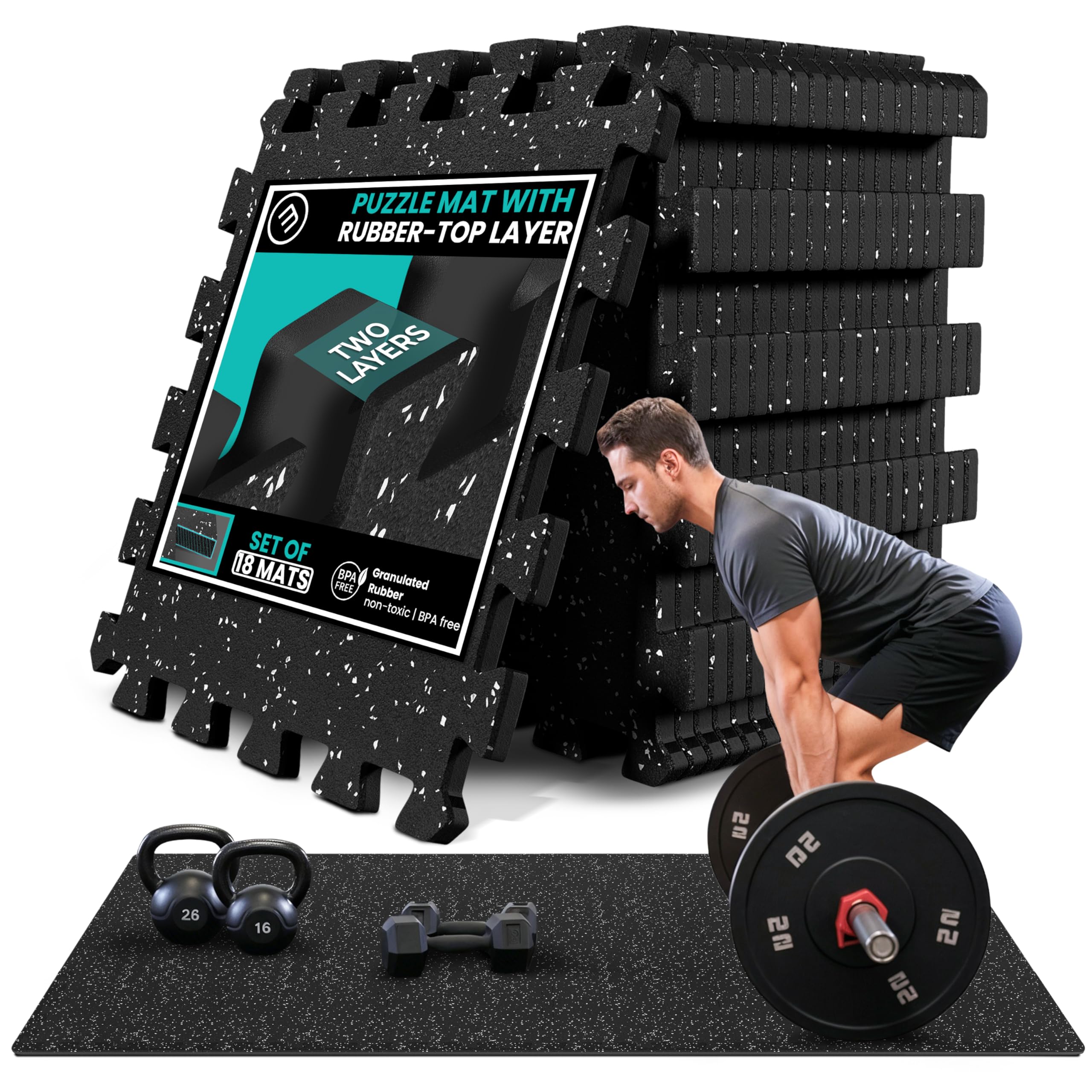 Gym Floor Mats Set – 18 EVA Interlocking Foam Tiles, 18 sq ft Protective Flooring