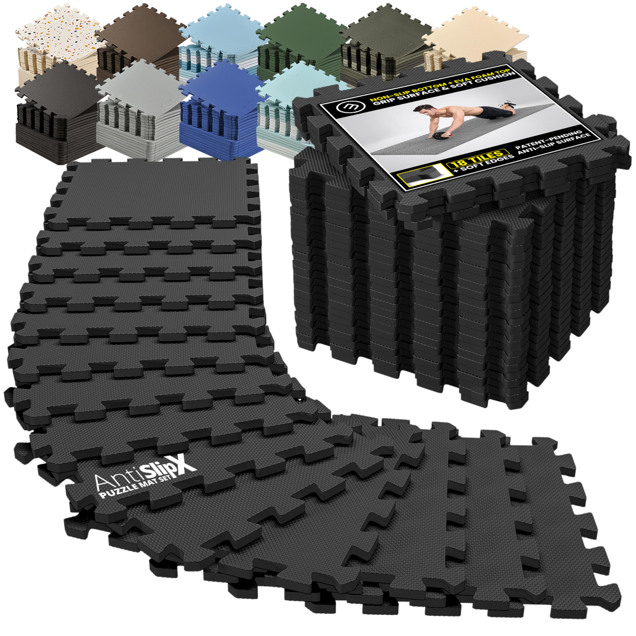 Gym Floor Mats Set – 18 EVA Interlocking Foam Tiles, 18 sq ft Protective Flooring