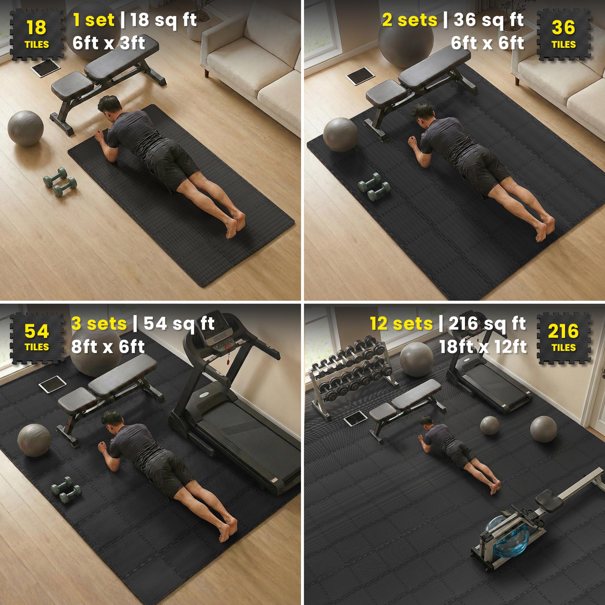 Gym Floor Mats Set – 18 EVA Interlocking Foam Tiles, 18 sq ft Protective Flooring