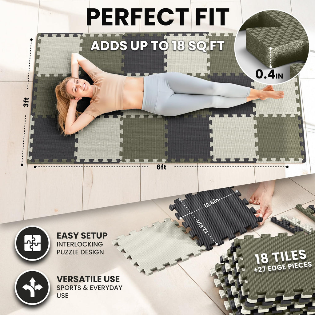 Gym Floor Mats Set – 18 EVA Interlocking Foam Tiles, 18 sq ft Protective Flooring